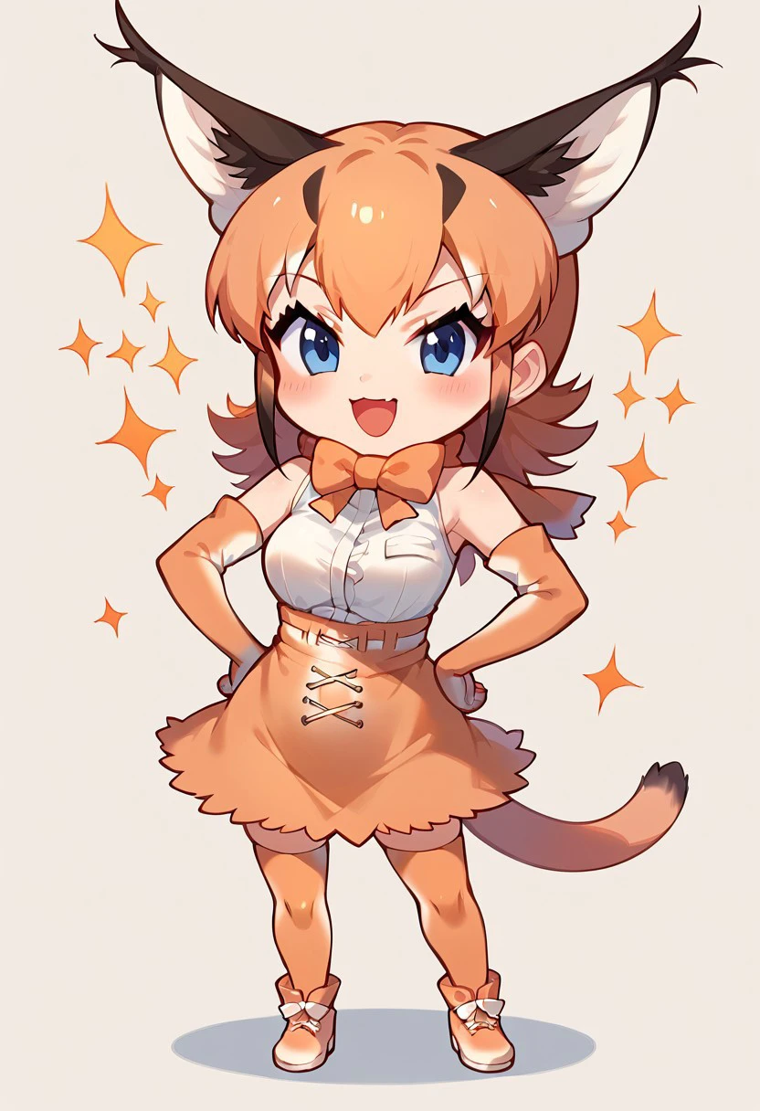 1girl, ((solo)), best quality, ultra-detailed, extremely detailed, perfect anatomy, masterpiece, score_9, score_8_up, score_7_up, caracal (kemono friends), animal ears, animal ear fluff, orange hair, tail, blue eyes, long hair, multicolored hair, white shirt, sleeveless shirt, orange skirt, skirt, orange bowtie, elbow gloves, bare shoulders, thighhighs, shoes, standing, hands on hips, open mouth smile, cute look, confident look, looking at viewer, happy, posing, simple background, (Chibi:1.3),