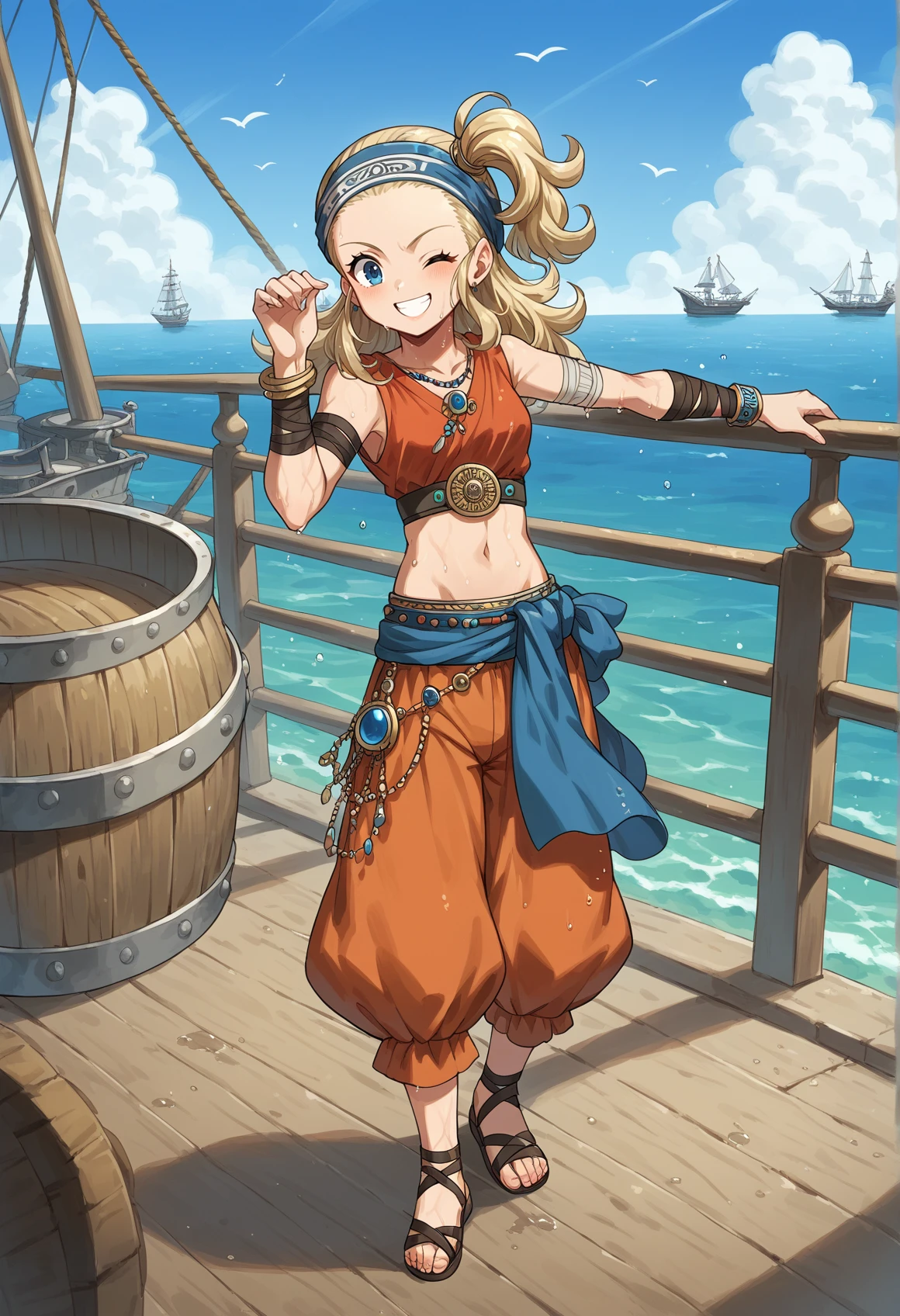 1girl, long hair, blonde hair, blue eyes, turban, side ponytail, crop top, arm wrap, sash, bracelet, saggy pants, sandals, outdoors, ship deck, wet, hand on forehead, smile, wink <lora:Anlucia_DQX:1>, score_9, score_8_up, score_7_up, score_6_up, score_5_up, score_4_up, BREAK source_anime, masterpiece