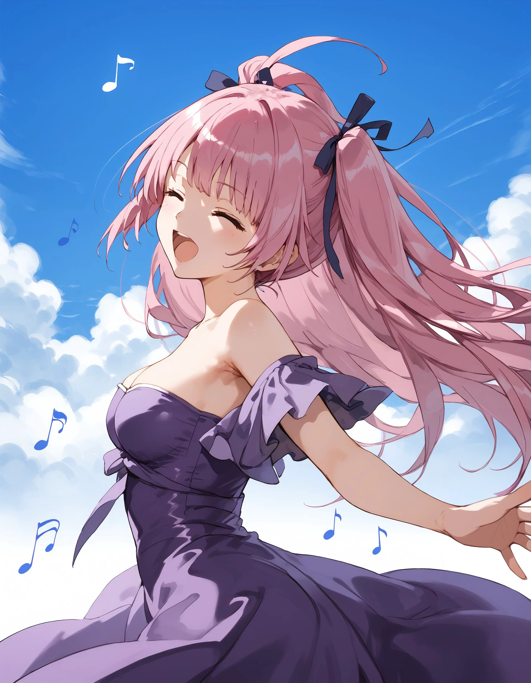 score_9, score_8_up, score_7_up, score_6_up, BREAK source_anime, best quality, masterpiece,
1girl,<lora:artist metalmaxPonyXL:0.8>,artist metalmax,pink hair,purple dress,(purple short sleeves:1.2),strapless,off-shoulder dress,cowboy shot,standing,looking at viewer,singing,musical note,closed eyes,open mouth,outstretched arms,(clothing cutout:-1.0),(orange dress:-1.0),from side