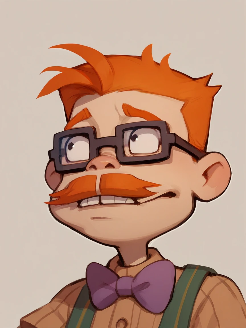 score_9, score_8_up, score_7_up, score_6_up, score_5_up,  <lora:chasfinsterXLP:1> chas finster, 1boy, bowtie, glasses, mustache, orange hair,