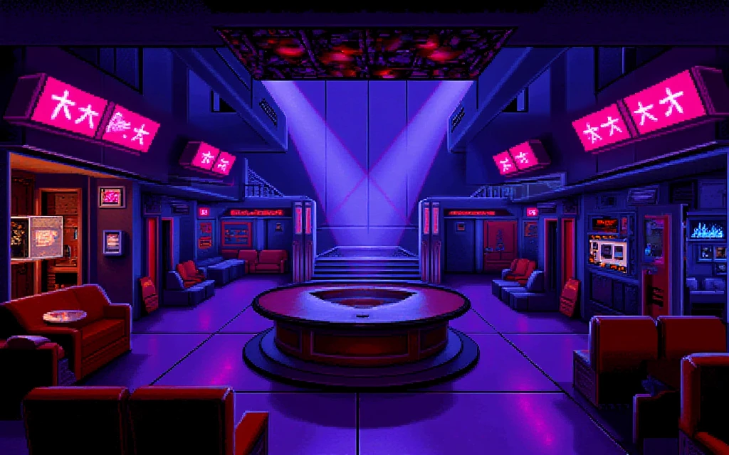 <lora:flux_st25style_000000800:1.5>st25style, a night club on an alien planet. there are neon lights and booth chairs around the walls. the room is large and open. in the center of the room there is a circular bar. lazer lights on the ceiling beam into the room. there is a raised seating balcony at the far end of the room