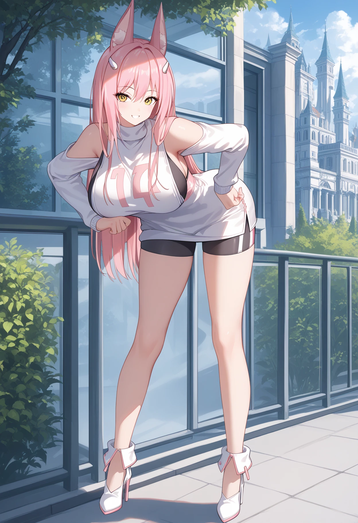 score_9, score_8_up, score_7_up, source_anime,
BREAK
1girl, solo, <lora:shiLeoV1:1>, shileona, pink hair, long hair, large breasts, animal ears, yellow eyes, sideboob, long sleeves, bare shoulders, bike shorts, 
white sweater, white dress, turtleneck,  
leaning forward, hand on own hip, bent over, high heels, white footwear, 
looking at viewer, smile, blush, 
outdoors,