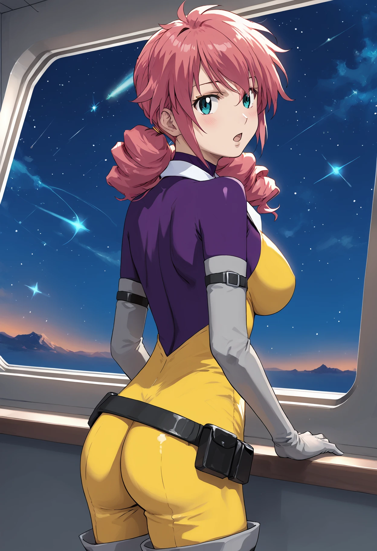 score_9, score_8_up, score_7_up, score_6_up, score_ANIME,, feldtgrace, feldts1, yellow jumpsuit, 1girl, solo, turtleneck bodysuit, pink hair, belt, elbow gloves, green eyes, twin drills, long hair, open collar, large breasts, hair over shoulder <lora:feldt_grace_pony:1> from behind,  looking back,  looking at viewer,  blush, thigh boots,  cowboy shot,  ass focus,  window,  space,  night sky,  open mouth,  expressionless,