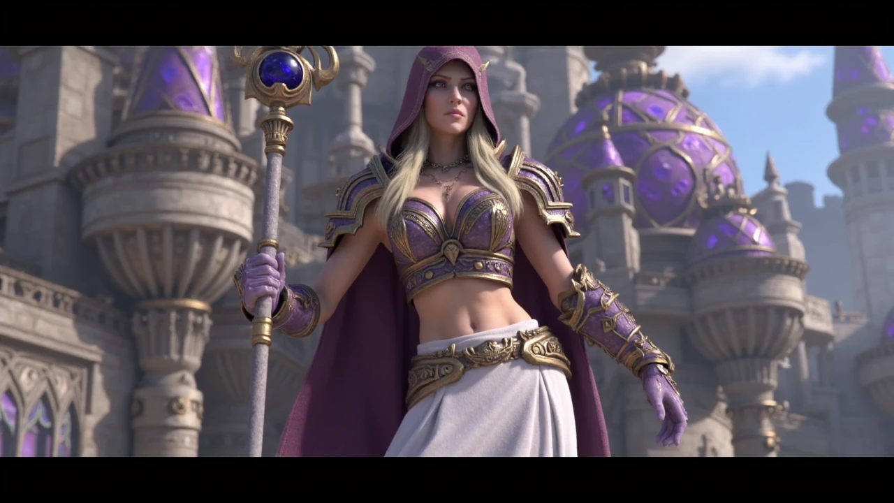 wrcrftcnmtc, cinemtaic, letterboxed game trailer frame, female sorceress wearing ornate cropped metal breastplate with purple hooded cloak with pauldrons, blonde hair with some streaks on shoulder, wide white pants with purple boots, golden edgs on whole outfit, she is holding ornate staff with blue gem on top, ornate fantasy town with purple stained glass domes on top on background,<lora:sxz-Warcraft-Cinematic-Flux:1>