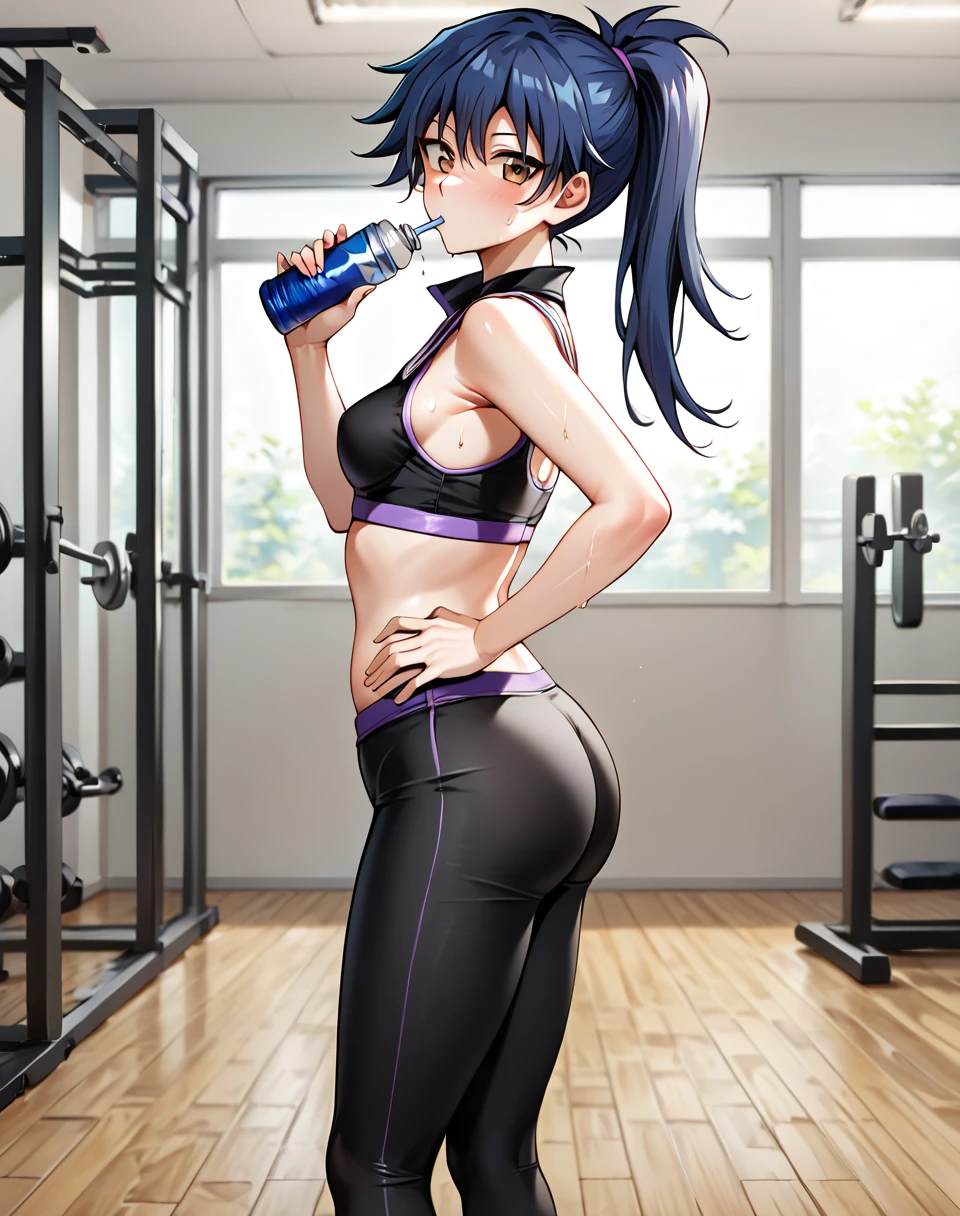 ASAGI,pantalones cortos deportivos,sujetador deportivo transparente,escote,Polainas negras,Cabello largo, Cola de caballo,cabello azul, pelo entre los ojos, bloqueos laterales, purple eyes, Mirando al espectador, en el gimnasio, Gimnasio montado en segundo plano , Gimnasio costoso,Cameltoe,(Sudando:1.1),musculatura,(Abdominales tonificados),(Altas Resoluciones, alta calidad:1.1), Detalles intrincados, cinematic lighting, 1girl,dynamic pose, ingle,They are smiling,desde abajo, large breasts, wet body, lips, open mouth, smile, back viewer