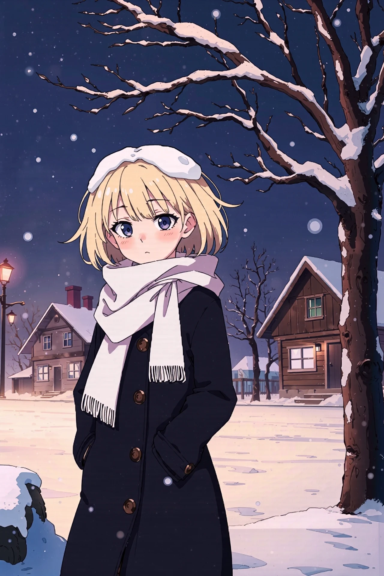 <lora:mistoonanime_flux:0.8>
inzaniak,1girl,solo,highres,absurdres,night,tree,black coat,black eyes,white scarf,character pin,winter,winter clothes,meme,snowing,house,solo,medium hair,winter coat,coat,snow on head,snow,1girl,highres,messy hair,closed mouth,zone-tan,husbant \(meme\),mossacannibalis,bloodshot eyes,outdoors,blonde hair,scarf,urban