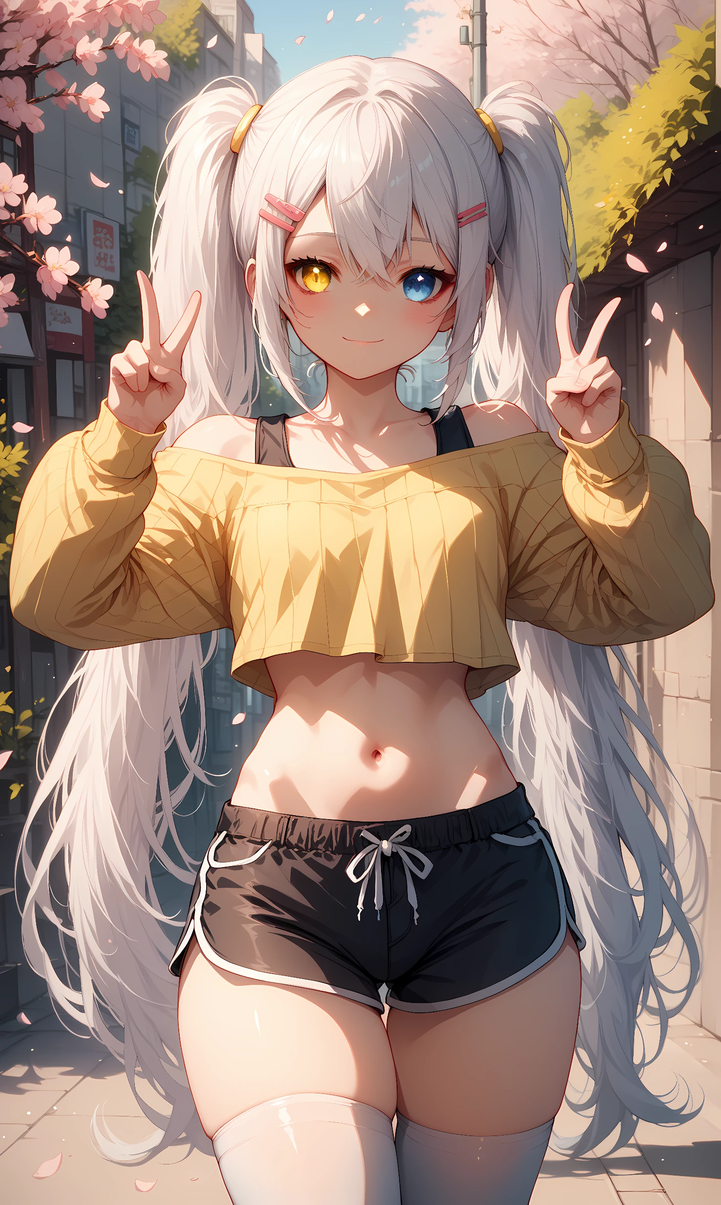 score_9, score_8_up, score_7_up, BREAK source_anime, 1girl, solo, outdoors, street, cherry blossoms, cowboy shot, standing, looking at viewer, scarxzys, white hair, absurdly long hair, twintails, blue eyes, yellow eyes, heterochromia, bangs, hair clip, crop top, ribbed sweater, yellow sweater, off shoulder, long sleeves, navel, black shorts, dolphin shorts, white thighhighs, close-up, double v, smile, closed mouth