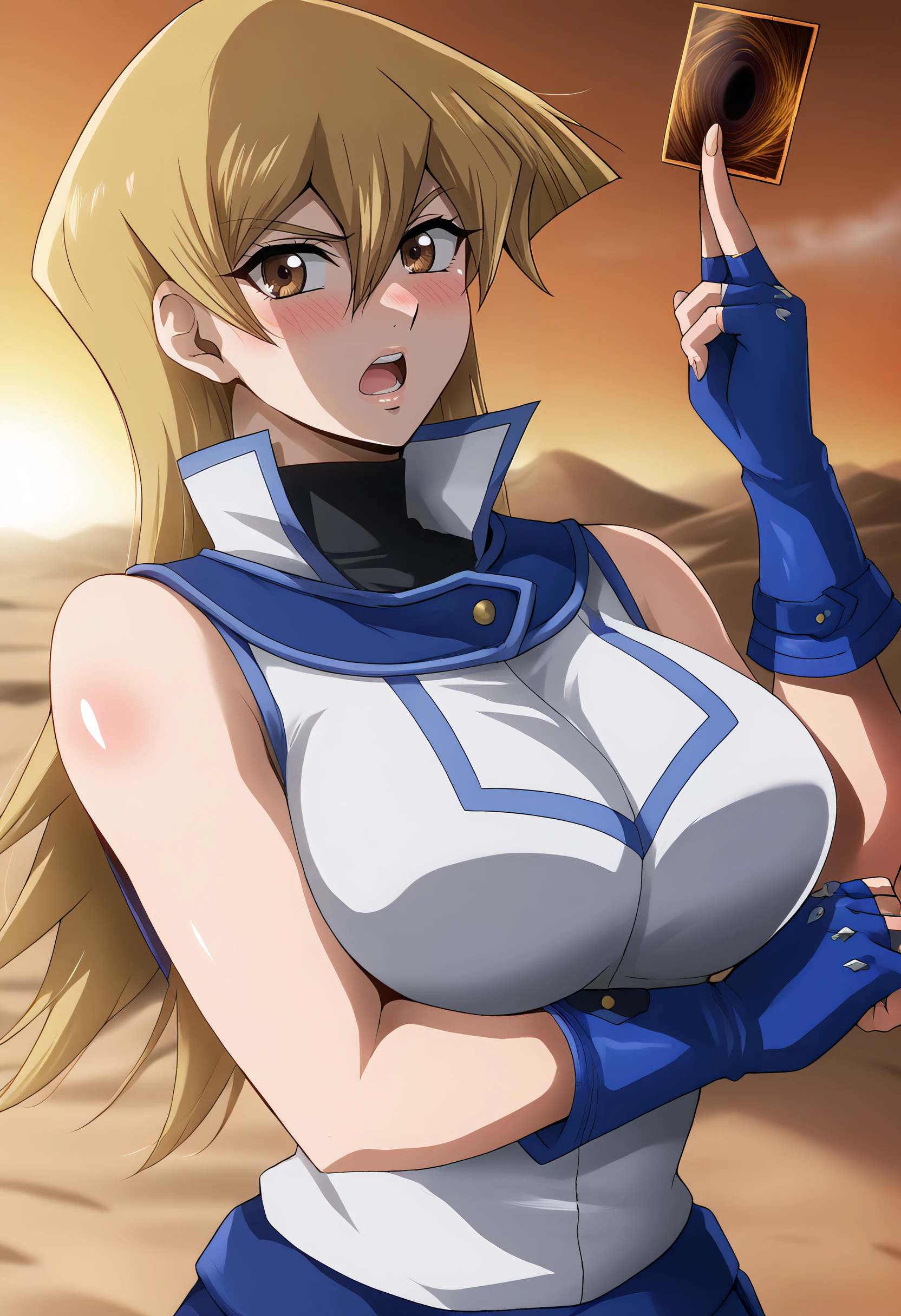 harayu, score_9, score_7_up, source_anime BREAK 1girl, cowboy shot, looking at viewer, uncensored, upper body, close-up,
<lora:AsukaTenjoin_Dwnsty:0.7>, asukatj_def, brown eyes, blonde hair, long hair, hair between eyes, sleeveless shirt, white shirt, blue gloves, fingerless gloves, blue skirt, turtlneck, holding yugioh card, yugioh card, <lora:Holding_Yugioh_Card_Dwnsty-000004:0.8>, hand up,
large breasts, skindentation,lips, blush, open mouth, determined, 
desert, reflections, hazy sky, __colors__,