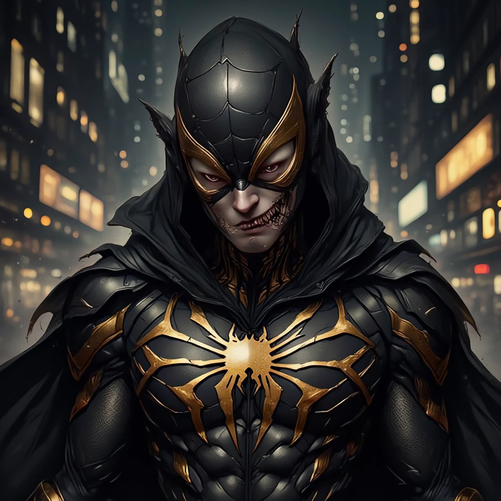 1boy, male focus, solo, pointy ears, hood, grin, smile, cloak, evil grin, teeth, evil smile, upper body, hooded cloak, night, hood up, blk&gold, Spider-Man villain,  green goblin, black_&_gold