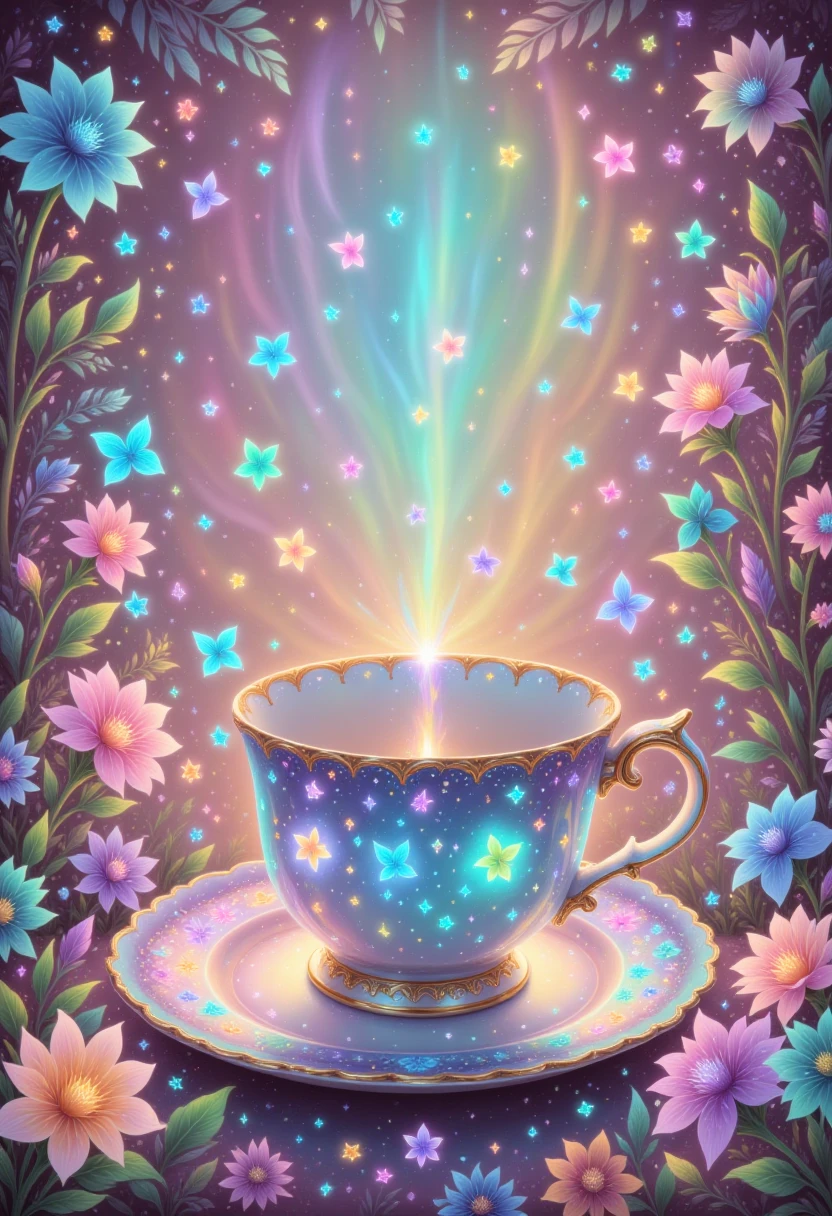 pastel iridescent colors,  glowing,A whimsical garden party, with floral patterns, pastel colors, and delicate china