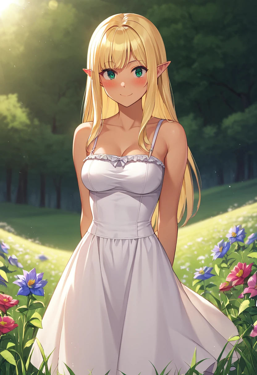 eveam_gran_early_evening, blonde hair, long hair, pointy ear, dark-skinned female, medium breasts, green eyes, sundress  BREAK outdoors, grass field, flowers,  BREAK  shy smile, embarassed face, arms behind back, dynamic pose BREAK score_9, score_8_up, score_7_up, source_anime ,zPDXL,<lora:Eveam_Gran_Early_Evening:0.8>