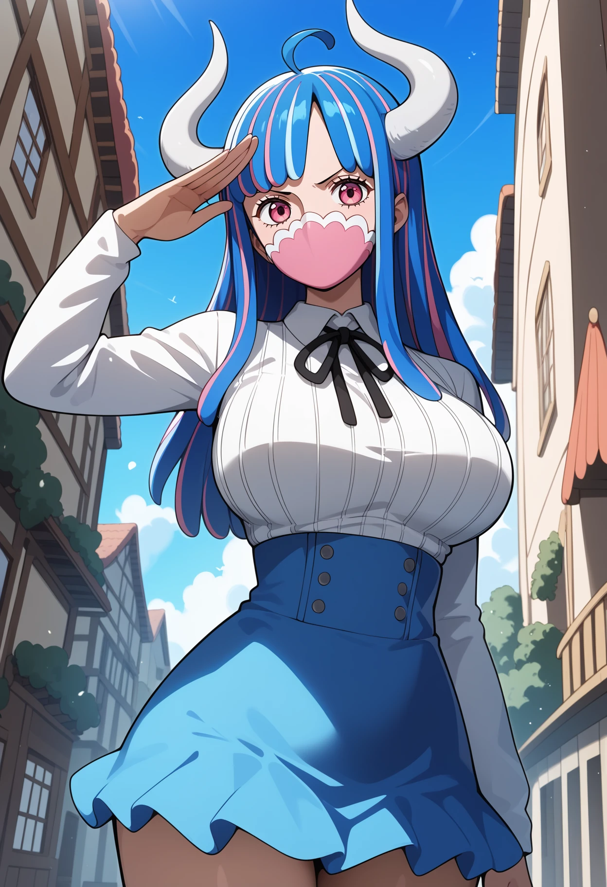 score_9, score_8_up, score_7_up, score_6_up, score_5_up, score_4_up, source_anime, aaulti, long hair, multicolored hair, blue hair, ahoge, horns, pink eyes, mouth mask, pink mask, large breasts, neck ribbon, ribbed shirt, white shirt, long sleeves, high-waist skirt, blue skirt, <lora:ulti_(one_piece)_ponyxl_v1:0.9>, standing, cowboy shot, salute,