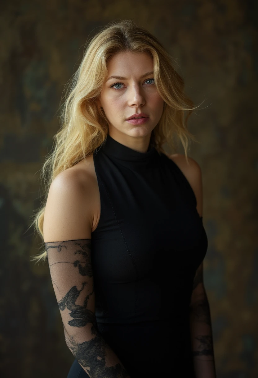 hyperrealistic photo of (katheryn winnick with long blonde hair) wearing a black high-neck dress captured with a Canon EOS 90D in stunning high resolution, by Greg Rutkowski 