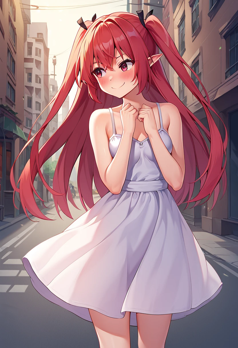 liliyn_li_reysis_redrose, pointy ears, red eyes, long hair, red hair, two side up, sundress BREAK outdoors,city street, BREAK embarassed face, blush, looking away, shy smile, cowboy shot, dynamic pose, arms shy pose, BREAK score_9, score_8_up, score_7_up, source_anime ,zPDXL,  <lora:Liliyn_Li_Reysis_Redrose:0.8>