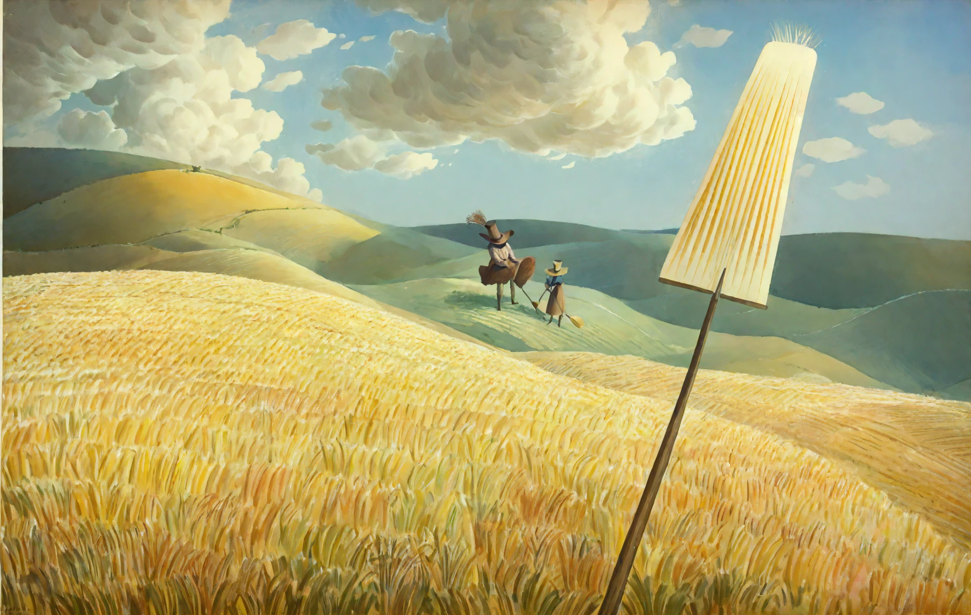 <lora:eric-ravilious_pony_v1:1> ' landscape ' by Ravilious Eric  in, genre painting \(genre\), Magic Realism \(style\), sweeping corn fields under a sunny cloudy sky, a scarecrow is visible, score_9, score_6_up, score_7_up