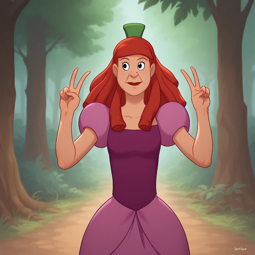 score_8_up, BREAK, AnastasiaTremaine, 1girl, solo, red hair, long hair, black eyes, lipstick, green hairpin, dress, blue sleeves, magenta bodice, puffy short sleeves, hoop skirt, cowboy shot,   <lora:AnastasiaTremaine_PXL_Leaf1:1>, outdoors, forest, double v,