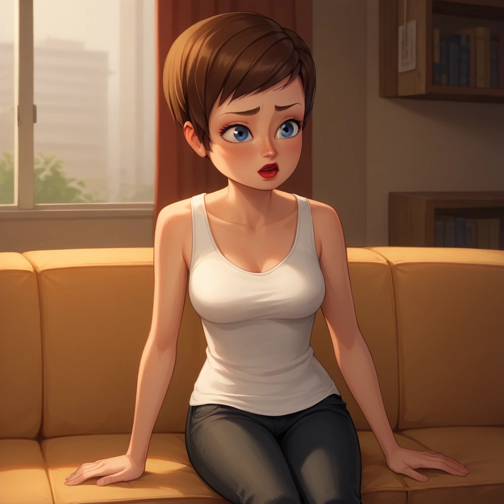 score_9_up, score_8_up, BREAK, 1girl, solo, RoxanneRitchi, brown hair, short hair, blue eyes, lipstick, white tank top, black pants, sitting on couch, indoors, <lora:Roxanne_Ritchi_PXL_Leaf2:1>,