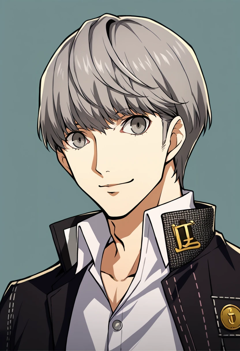 score_9, score_8_up, score_7_up, source_anime, BREAK, solo, 1boy, smile, looking at viewer,  <lora:P5-Portraits-pdxl_Fp:1>, simple background, portrait, <lora:persona4_yunarukami_ponyXL:1>, narukami yu, grey hair, grey eyes, school uniform, black jacket, open jacket, long sleeves, white shirt, collared shirt,