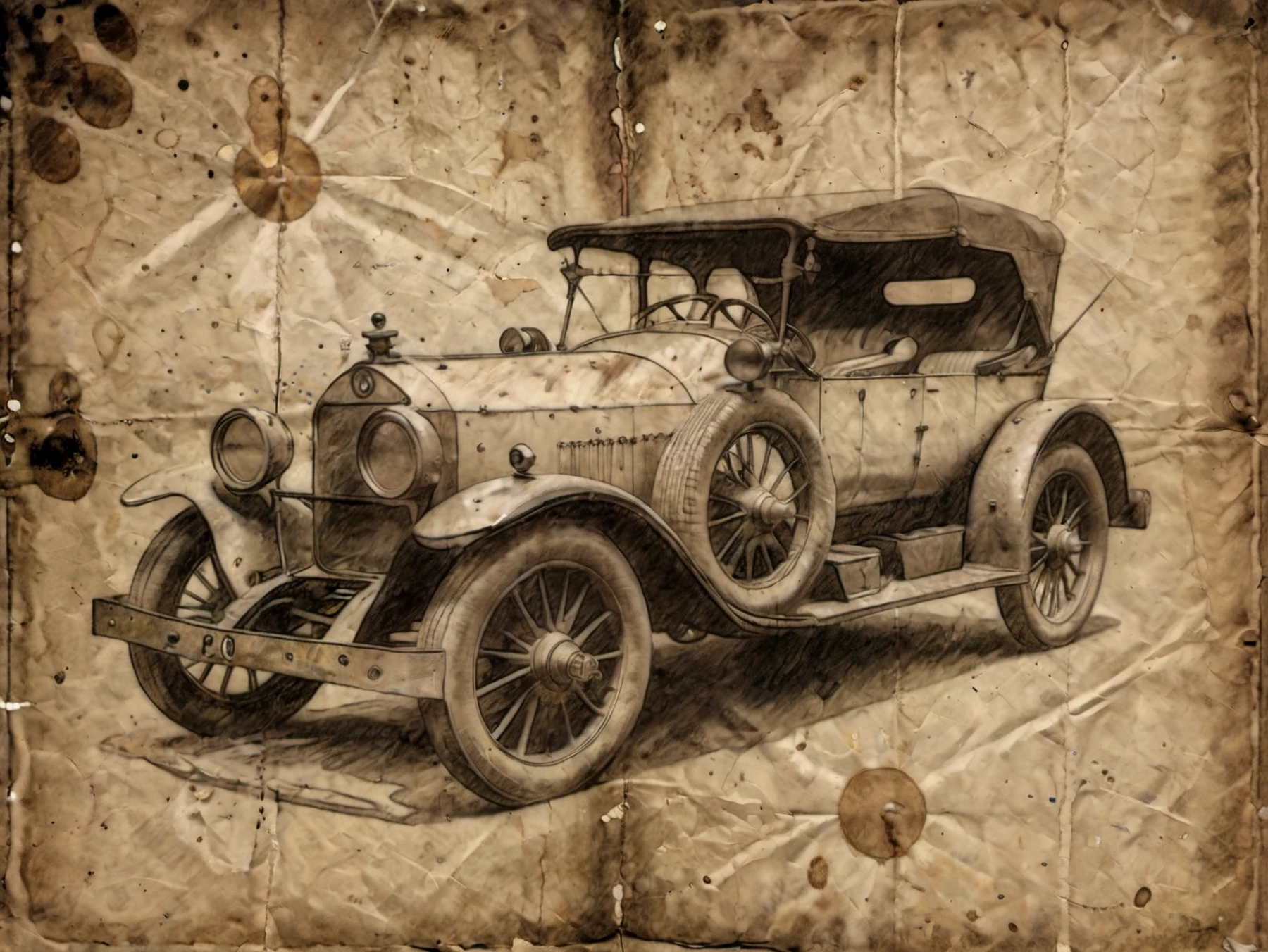 A drawing of the design for a new steam-driven car on old creased and stained paper.

<lora:OldPaper01-00_CE_SDXL_128OT:0.9> oldpprCE