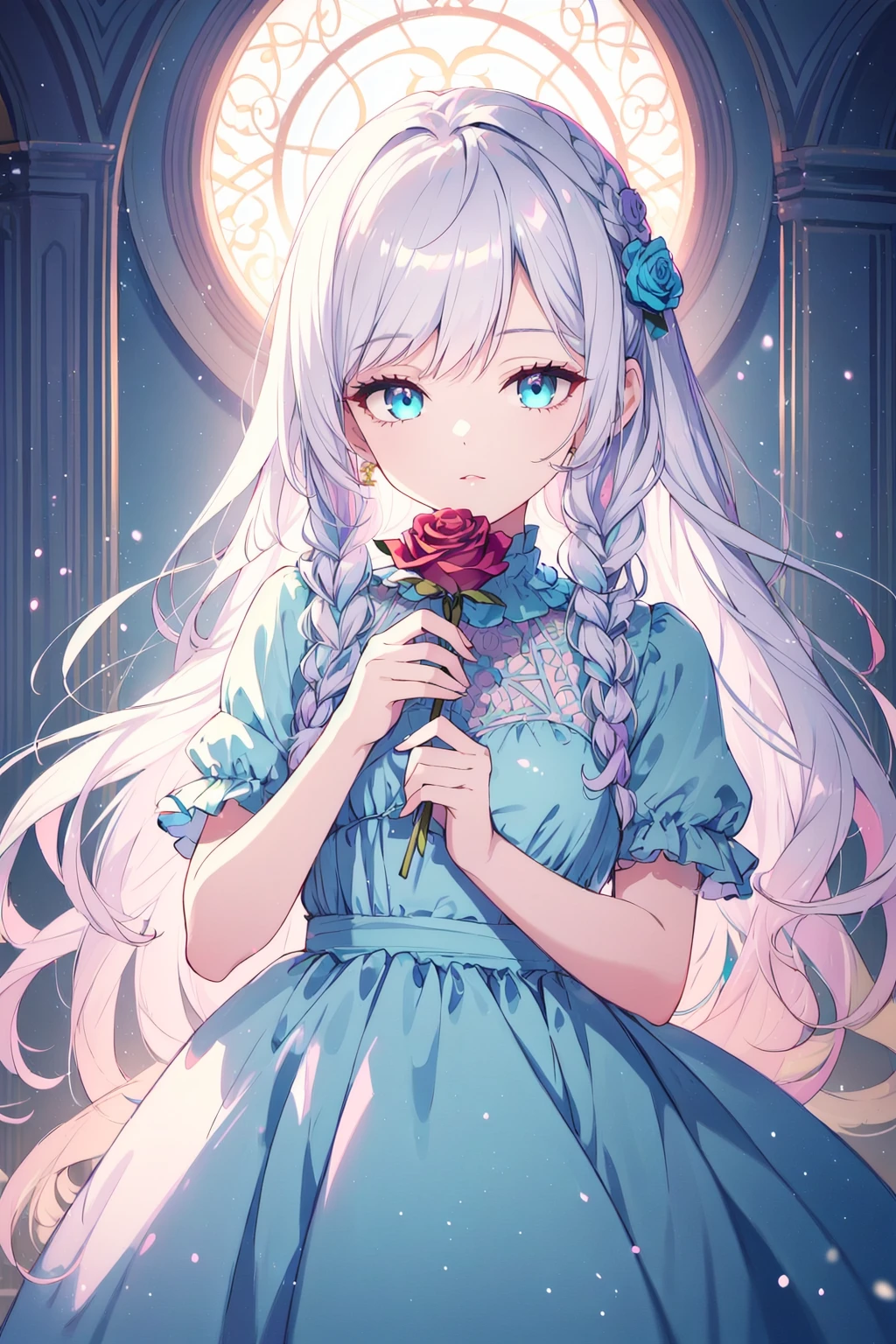beautiful person, solo, Intricate lattice braids on long hair, silver ombre hair, turquoise eye,
soft focus, angelic child, curly golden hair, pastel-colored dress, blooming rose garden, pastel art, glowing edges