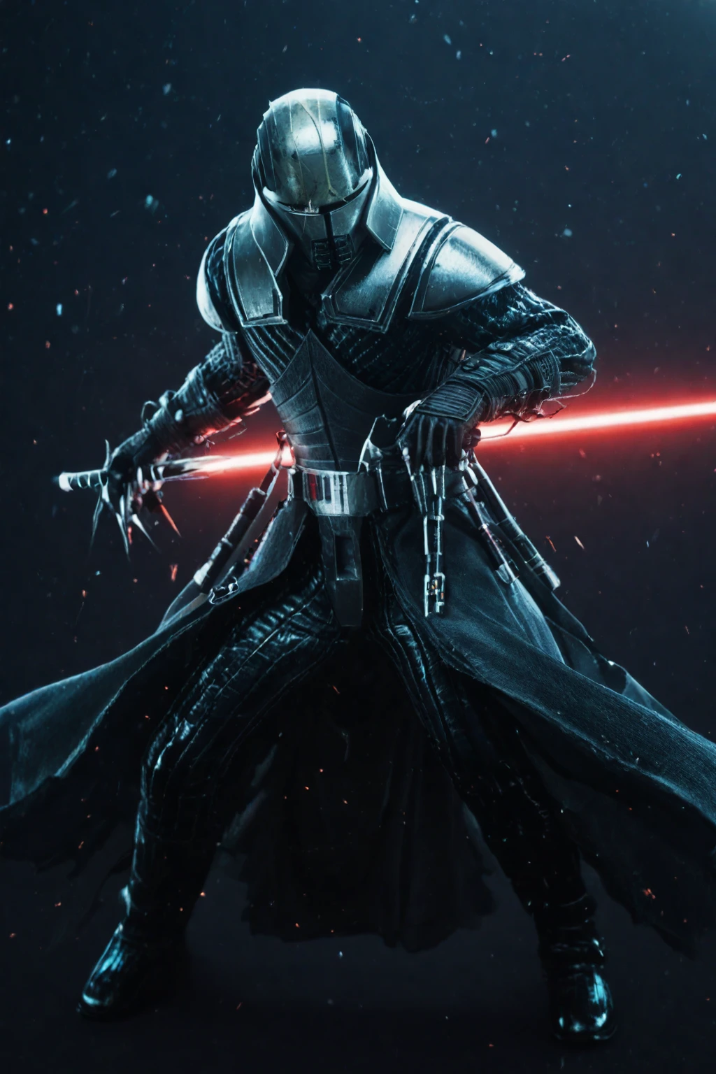 Fighting game style ((Glamour Portrait)),(score_9, score_8_up:1.1),score_7_up, 1boy, swStarKill3r, Imposing Sith Lord, menacing and powerful, always wearing a helmet, clad in intricate black and silver armor, wielding a single glowing red lightsaber, striking an ominous pose, surrounded by crackling force lightning, in a shadowy environment, fierce and ruthless, mysterious and intimidating, unstoppable dark force user, high contrast, detailed.
 <lora:Starkiller_-_Galen_Marek_-_Star_Wars_-_PONY_-_Deal_project_SFW:1>
(randomized particles) . Dynamic, vibrant, action-packed, detailed character design, reminiscent of fighting video games