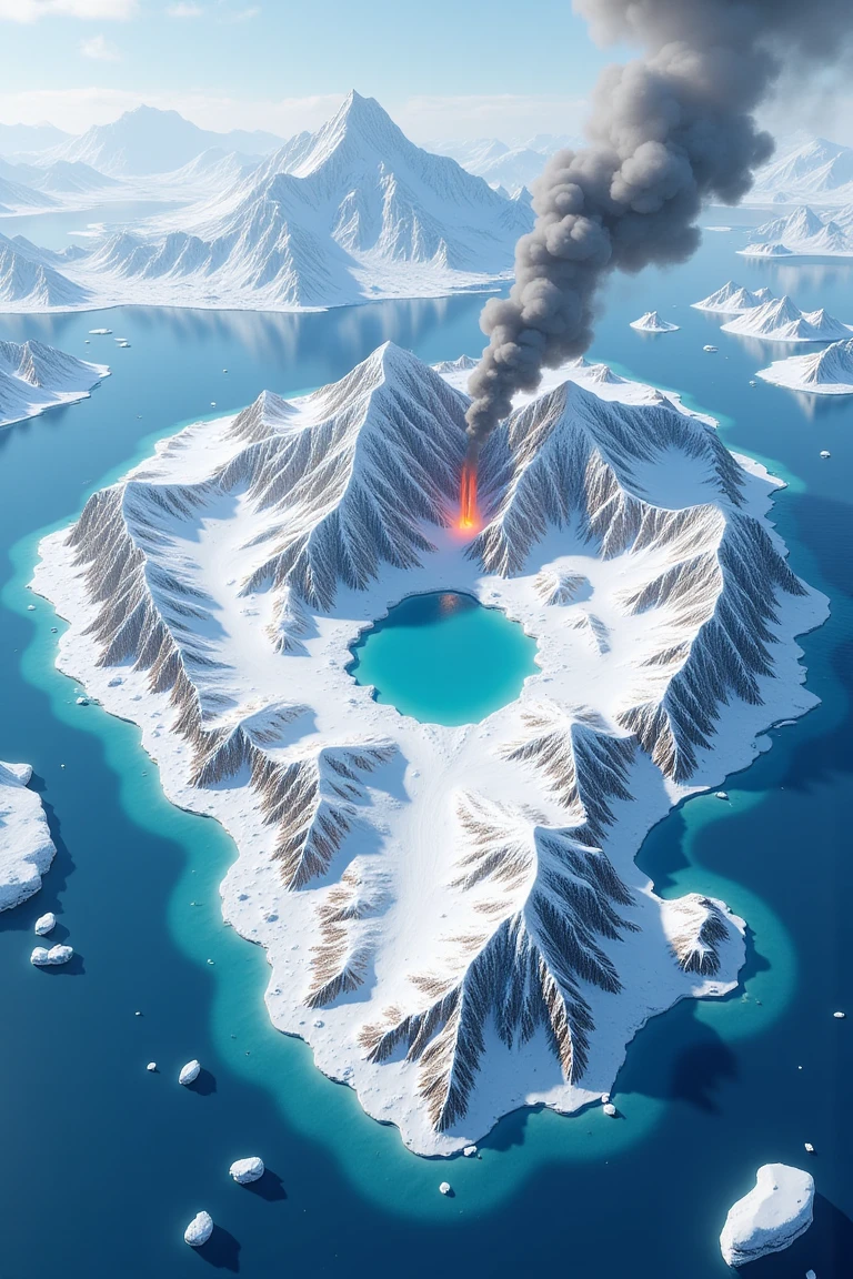 4seasonaerial, island surrounded by water. The heart island is winter themed with glaciers. It is surrounded by a vast frozen ocean. The trees are white, few mountains are frozen while a melting volcano is emitting a black smoke. A frozen lake sits in the middle of the island. The island has two regions, one is lower while the other is elevated.