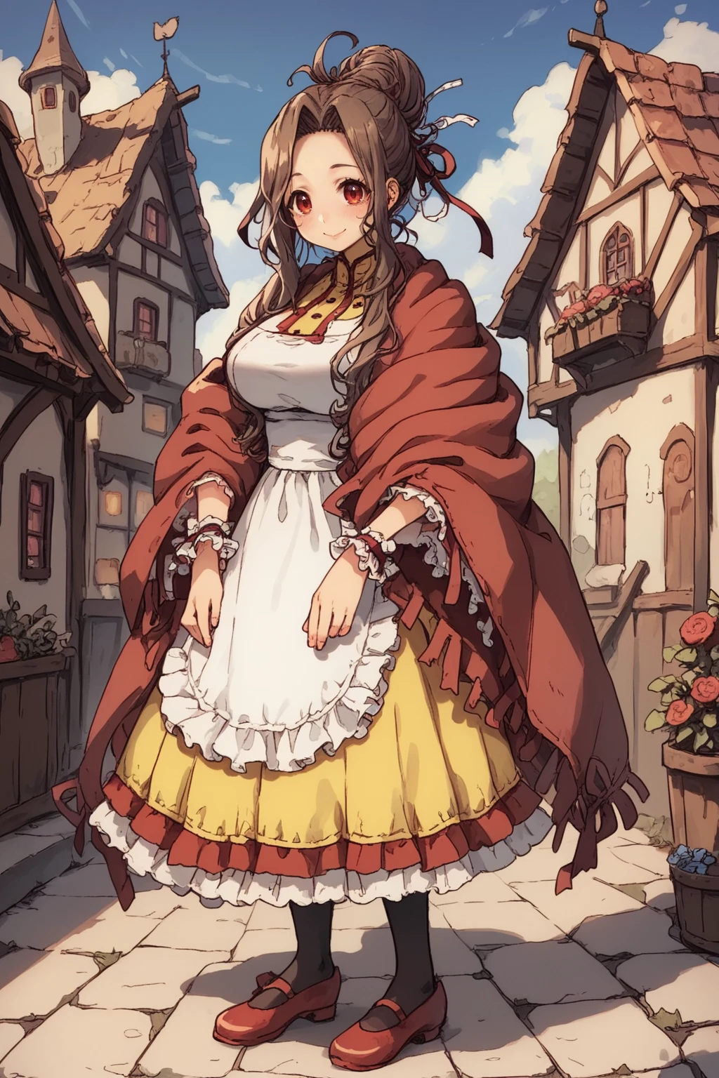 score_9, score_8_up, score_7_up, score_6_up, source anime, BREAK, <lora:Mistel:0.7> , misdef, 1girl, long hair, brown hair, red eyes, hair bun, hair ribbon, ribbon, dress, yellow skirt, frilled cuffs, red shawl, white apron, apron, black pantyhose, red shoes, full body, looking at viewer, smile, happy, mommy, motherly, closed mouth, serene, large breasts, (mature woman), <lora:zy_Detailed_Backgrounds_v1:0.3> , detailed background, highly detailed,  exterior, town, village,  <lora:d4rkpurpXLP:0.6> , d4rkpurp, (solo),