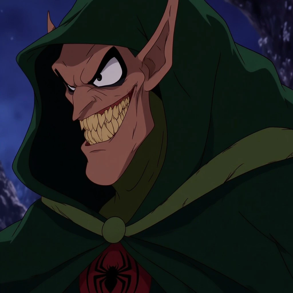 1boy, male focus, solo, pointy ears, hood, grin, smile, cloak, evil grin, teeth, evil smile, upper body, hooded cloak, night, hood up, egmid, Spider-Man villain,  green goblin