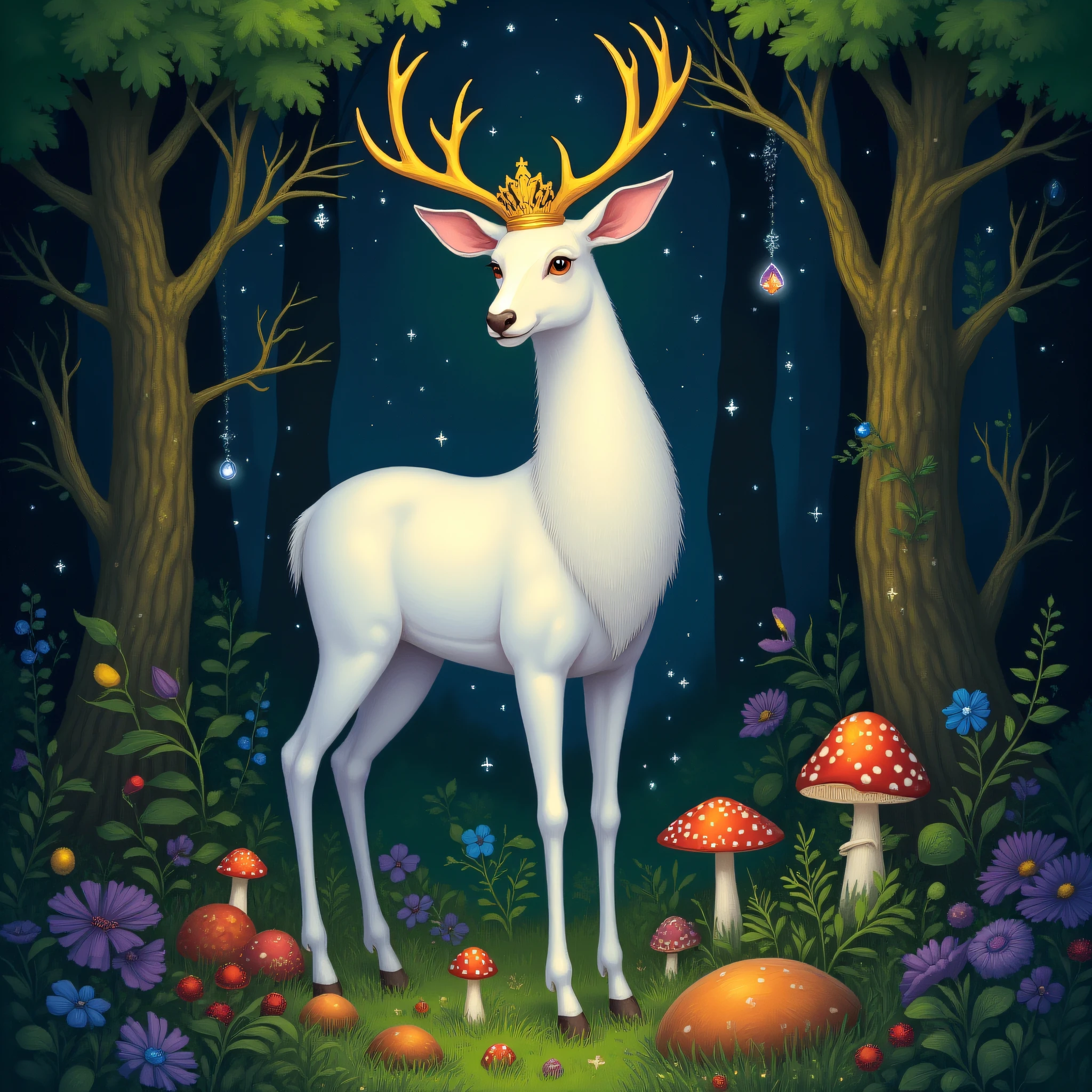 ArsMJStyle, Wonderland, The image shows a white deer with a crown on its head standing in the woods surrounded by trees plants and mushrooms. The deer is surrounded by a peaceful atmosphere with the trees providing a backdrop., no humans, mushroom, nature, forest, tree, brown eyes, deer, outdoors, gem, animal, solo, night, bug, crystal, grass