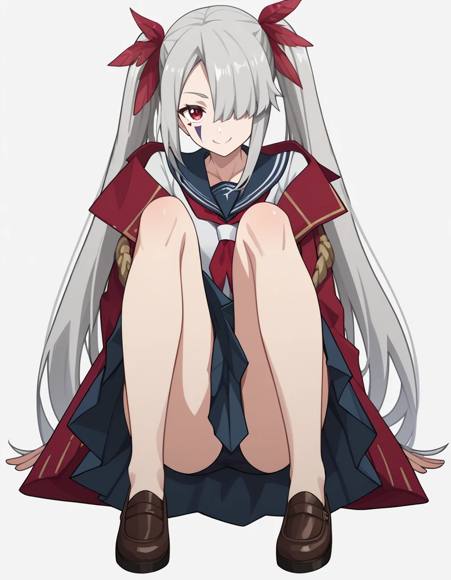 score_9,score_8_up,score_7_up,white background,looking at viewer,full body,serafuku,sailor,sailor skirt,sailor collar,smile,knee,
<lora:shabolina_pony:0.7>,shabolina,1girl,solo,long hair,bangs,hair over one eye,facial mark,red eyes,grey hair,bare legs,<lora:Anime_Screencap:1>,anime screencap,twintails,