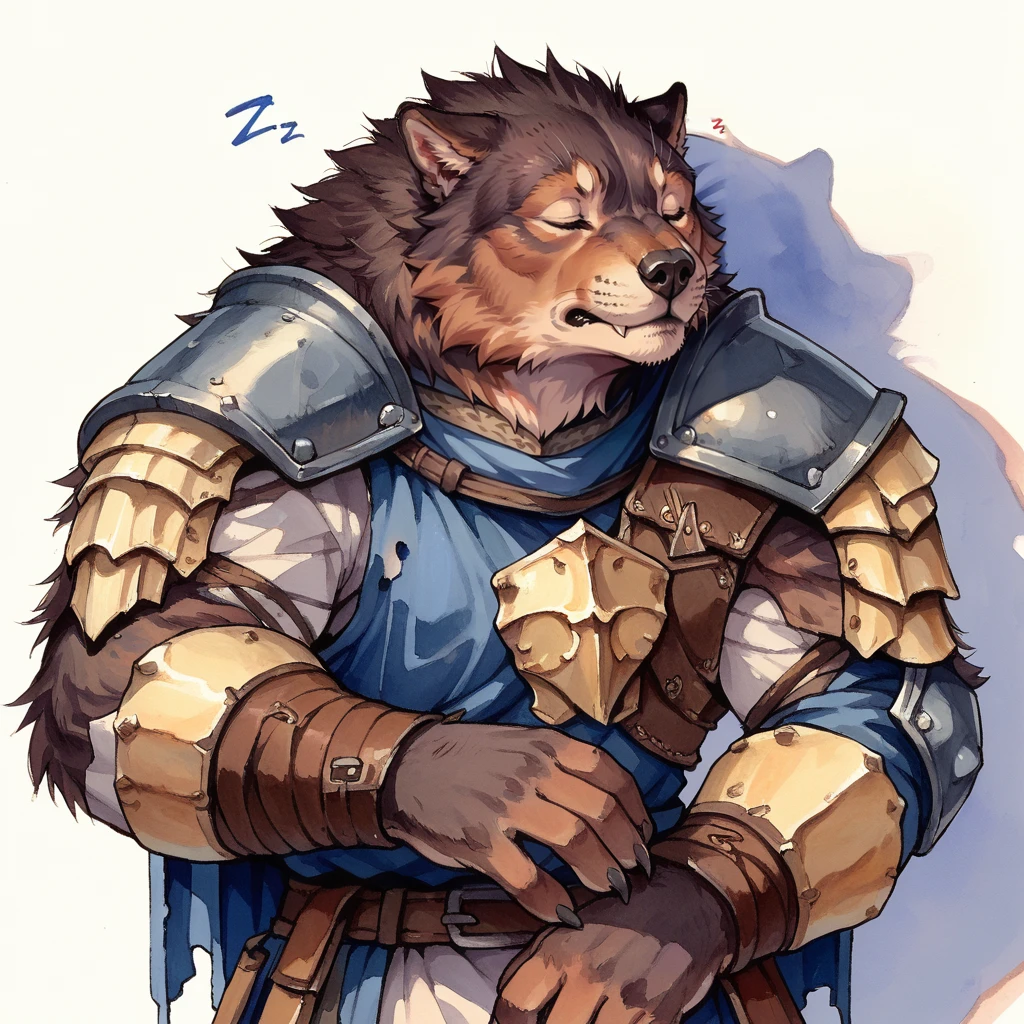 score_9, score_8_up, score_7_up, 2d, watercolour, traditional media, simple background,
SkinWolf, armor, shoulder armor, cute, sleeping, Zzz, eyes closed, adorable,
<lora:SkinWolf_PonyXL:0.8>