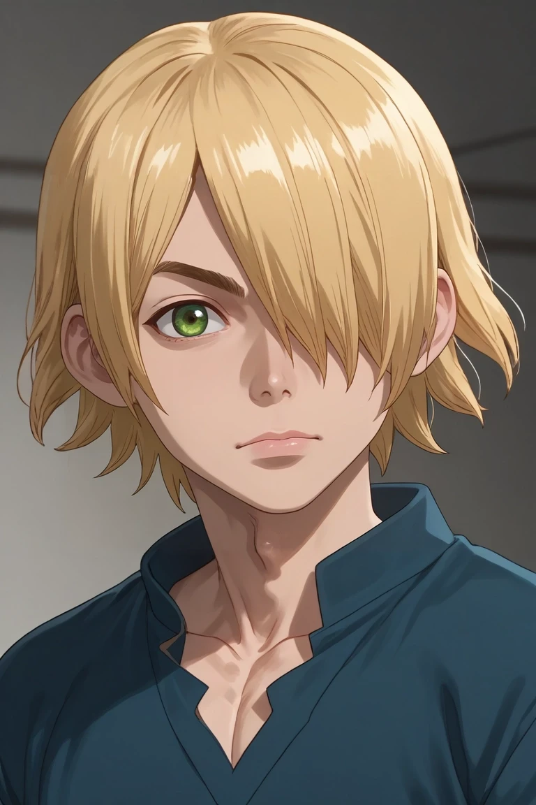 score_9, score_8_up, score_7_up, , rating_safe, intricate details, (photorealistic:0.6), looking at viewer, , 1boy, solo, male focus, <lora:ginrou_dr_stone_pony:0.88>, ginrou_dr_stone, blonde hair, green eyes, short hair, hair over one eye, , short sleeve shirt,, <lora:sdxl_lightning_8step_lora:1>