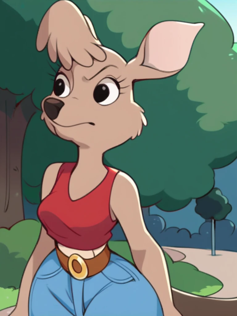 score_9, score_8_up, score_7_up, score_6_up, score_5_up, score_4_up, source_furry, Matilda_Roo, 1girl, solo, red crop top, midriff, jeans, park, tree, detailed eyes, detailed face, <lora:matilda_roo-v1:1>