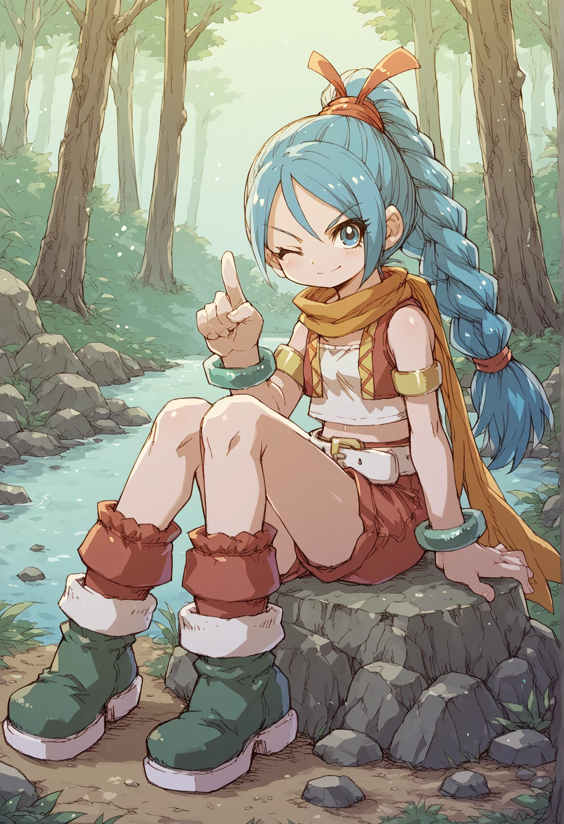 masterpiece, highest quality, High resolution, Dragon Ball, Futebuteshi, Aqua Hair, Hair Ribbon, Braided Ponytail, Brown gloves, Medium chest, Outdoor, Cowboy Shot, wave hands, smile、Completely naked、squat、