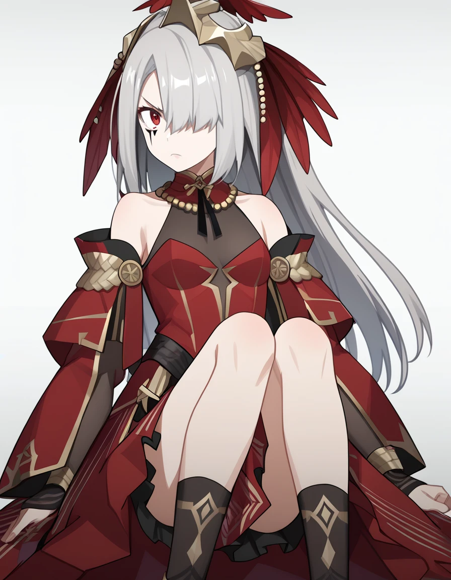 score_9,score_8_up,score_7_up,white background,looking at viewer,sitting,(punching:1.2),fist,<lora:shabolina_pony:0.7>,shabolina,1girl,solo,long hair,bangs,hair over one eye,facial mark,red eyes,grey hair,hair ornament,bare shoulders,red dress,dress,jewelry,socks,bare legs,<lora:Anime_Screencap:1>,anime screencap,