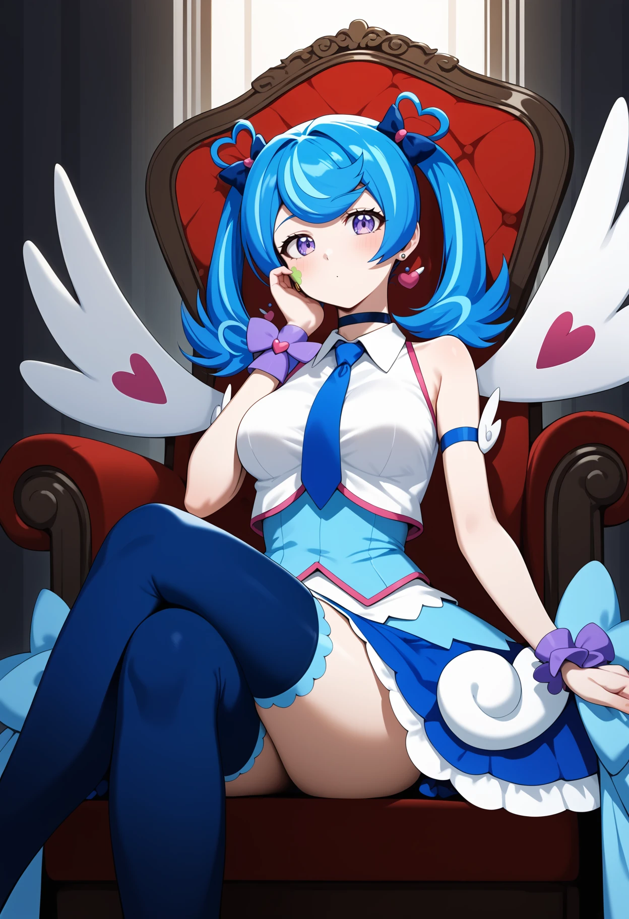 score_9, score_8_up, score_7_up, score_6_up, score_5_up, score_4_up, source_anime, bbangel, blue hair, streaked hair, twintails, hair bow, earrings, facial mark, wings, breasts, choker, bare shoulders, blue necktie, collared shirt, white shirt, dress, sleeveless, arm strap, wrist cuffs, blue skirt, blue thighhighs, <lora:zaizen_aoi_ponyxl_v1:0.9>, sitting, crossed legs, throne, indoors, hand on own face,