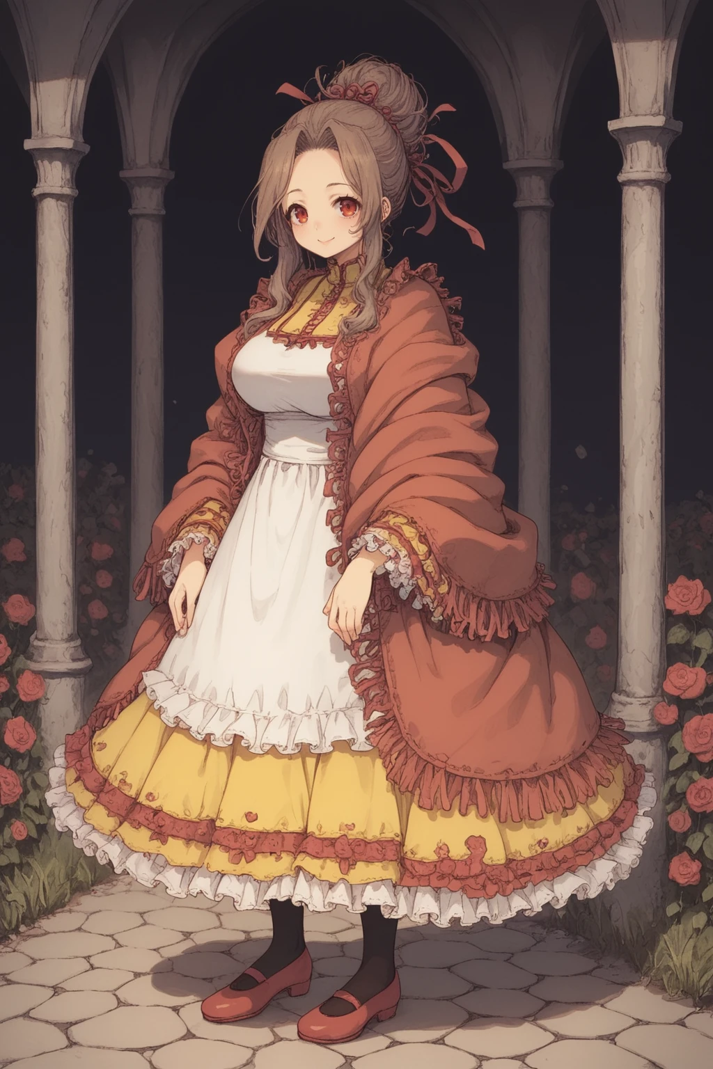 score_9, score_8_up, score_7_up, score_6_up, source anime, BREAK, <lora:Mistel:0.7> , misdef, 1girl, long hair, brown hair, red eyes, hair bun, hair ribbon, ribbon, dress, yellow skirt, frilled cuffs, red shawl, white apron, apron, black pantyhose, red shoes, full body, looking at viewer, smile, happy, mommy, motherly, closed mouth, serene, large breasts, (mature woman), <lora:zy_Detailed_Backgrounds_v1:0.3> , detailed background, highly detailed,  exterior, town, village,  <lora:d4rkpurpXLP:0.6> , d4rkpurp, (solo),