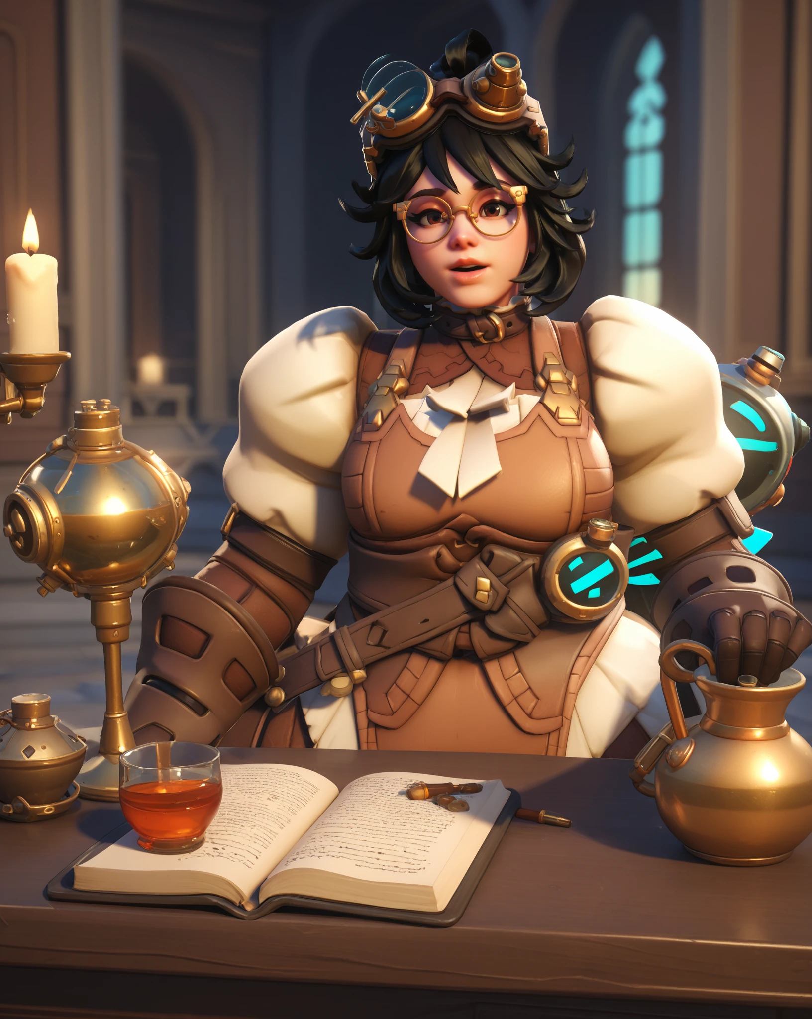 score_9, score_8_up, score_7_up,  1 girl, 2d, alchemist mei, mei (overwatch), glasses,  inside an alchemist lab, medieval instruments, potions, flasks <lora:Alchemist mei-000030:1>