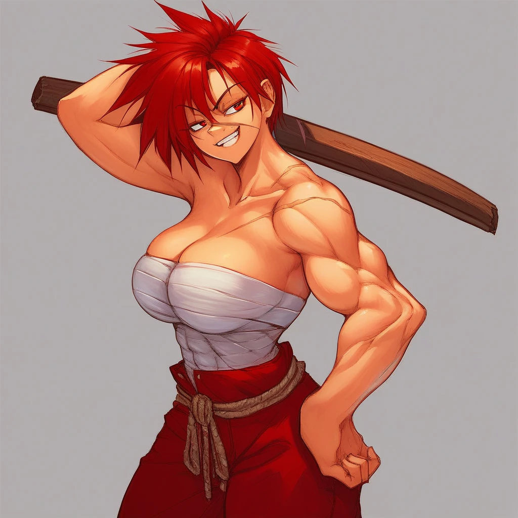 Score_9, score_8_up, score_7_up, score_6_up, score_5_up, score_4_up, AzumiHojo, Red hair, red eyes, scars on face, bandages around breasts, bandages around waist, red baggy pants, belt rope, barefoot, wooden sword, Muscular female, large breasts, dark skinned, lidded eyes, grin, bokko, standing, on shoulder, weapon on shoulder, hand on hip