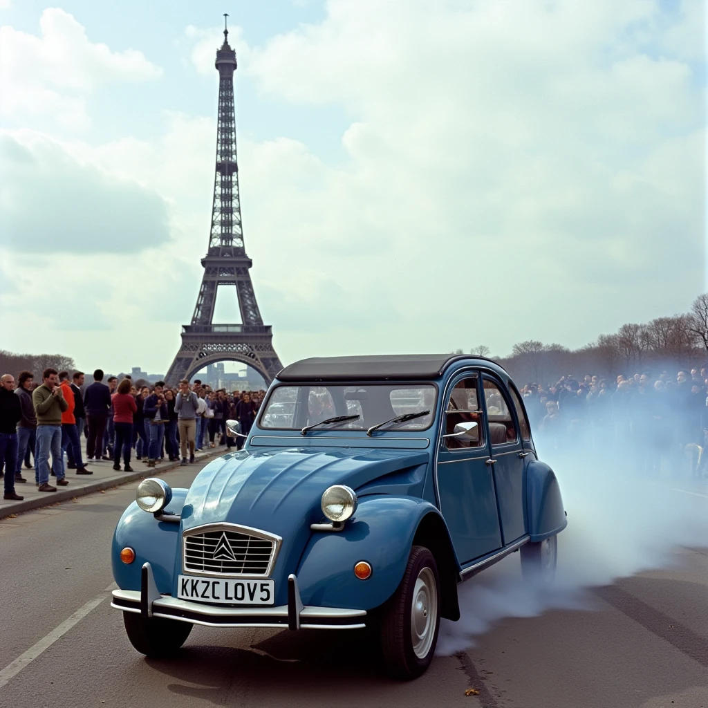 2CV, a deep blue car is drifting in front of the eiffel tower. It's leaving Skid marks and smoke. A crowd is cheering  <lora:2CV:0.8>