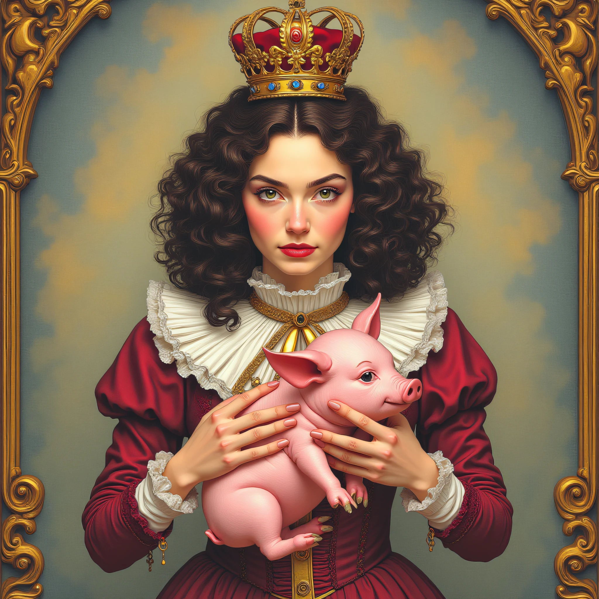 ArsMJStyle, Wonderland, The image shows the dutches from Wonderland holding a pig in her arms with a crown on her head.