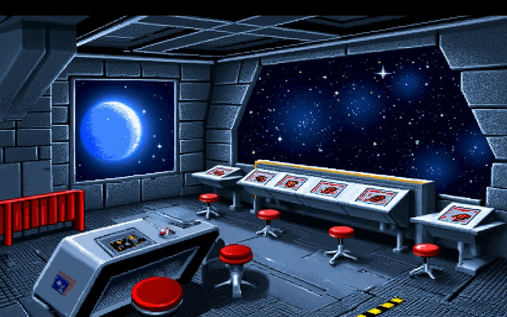 <lora:flux_st25style_000000800:1.25> st25style, the command center of a space station with metallic wall panels and grated floor. There are various tactical stations with glowing consoles and a red stool with a red cushion behind each console. On one wall of the room is a huge viewscreen showing twinkling stars and space, and the nearby blue sun. To the left of the room is a raised gangplank section accessible by a ladder. There is a red safety rail along its edge. behind the railing, the center of the room has a recessed lower area for defence and security. the recessed area has computer consoles and a joystick control.