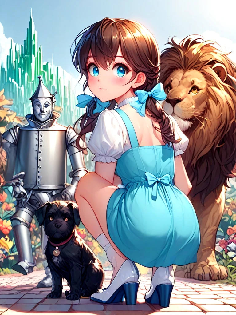 source_anime, oz, dorothy gale, brown hair, blue dress, miniskirt, silver shoes, cowardly lion, black toto, the scarecrow, tin man, looking at viewer, full body, upper body, close-up, emerald city in distance, from behind, looking back, squatting, <lora:girllikewizardofoz_pony:1>