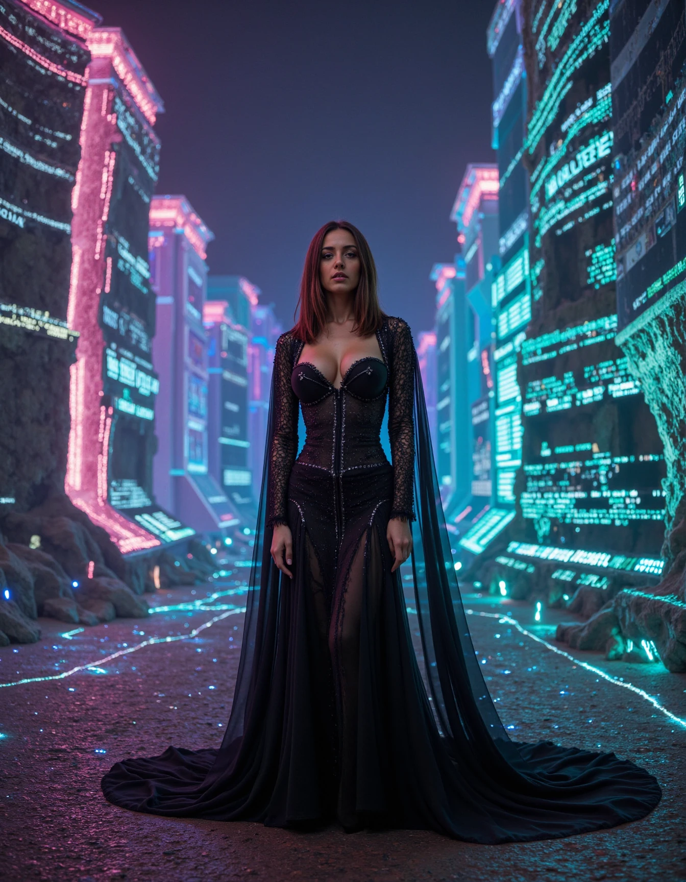 cinematic photo A queen stands at the heart of a colossal, holographic city, where towering structures of shimmering data and light form a mesmerizing, three-dimensional strata. These holographic formations, pulsating with neon pink, electric blue, and emerald green, mimic the ancient layers of the Earth's crust, yet crackle with digital energy. Clad in a form-fitting black gown, its surface a network of glowing circuitry that mirrors the swirling patterns of the holographic strata, she embodies a fusion of ancient power and futuristic technology. A diaphanous cape, woven from shimmering data streams and adorned with bioluminescent minerals, flows around her, its edges dissolving into the pixelated air