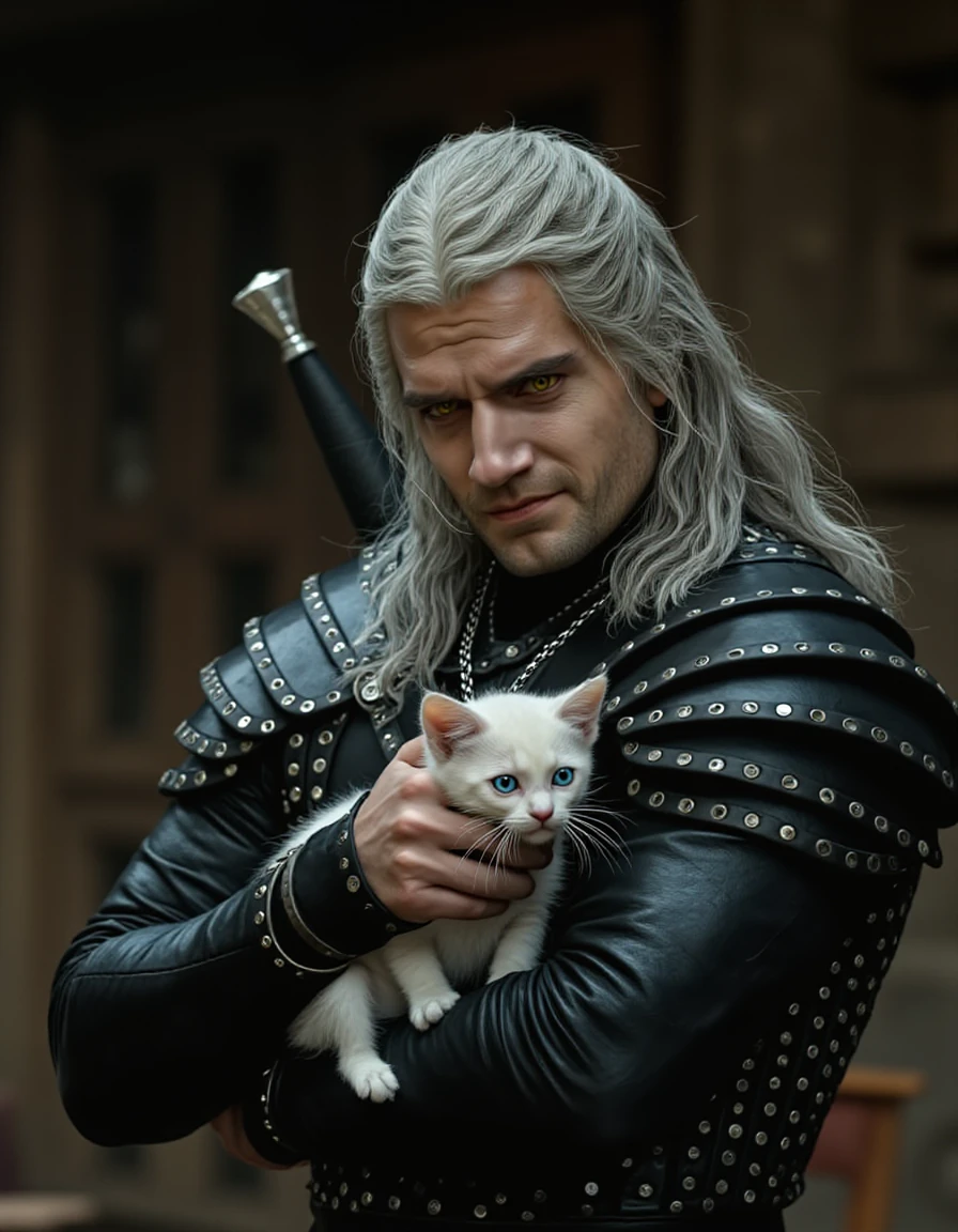 Geralt of Rivia, the stoic Witcher, gently holding a small, all-white kitten in his arms. His stern expression softens as he looks down at the tiny creature, creating a charming contrast to his usual rugged demeanor. The kittenâs fur is pristine, with bright blue eyes that match Geraltâs intense gaze. He stands in a rustic medieval tavern, his leather armor and swords in the background, while the kitten snuggles close against his chest. The scene captures an unexpected moment of tenderness in Geraltâs usually harsh worldstyles<lora:Henry_Cavill_g3ral7:1.2> g3ral7