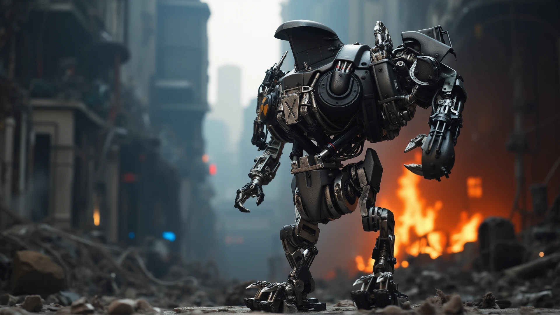 A body shot photograph of a highly detailed photograph of a metallic robot standing upright, a destroyed city in the background with a large fire roaring in the back, cybernetic appearance.fluence, 8K, hyper-detailed, hyper-realism, asymmetric balance.photorealistic,(f_stop 2.8) , (focal_length 50mm) macro lens f/2. 8, industrial setting, (bloody) colors, (scary) ambient light filtering through a large industrial door, pieces of the robot has been blown off, (horror) steam shapes, captured with a DSLR camera , highlighting (serene) comfort, 3d, 16K, 8K