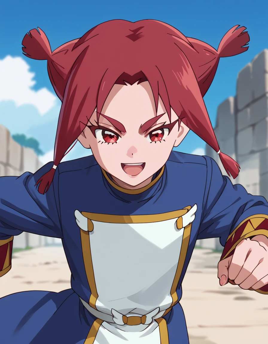 Beryberie, short hair, bangs, red eyes, sidelocks, red hair,  <lora:SoaringSkyPrettyCure:1>, score_9, score_8_up, score_7_up, score_6_up, score_5_up, score_4_up, source_anime,  , dynamic pose, outside, happy