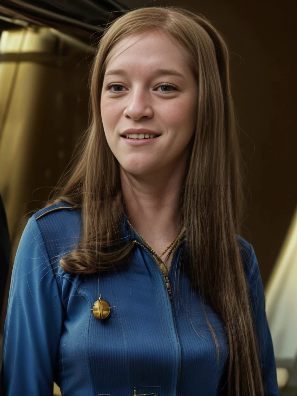 a photo of m0lly-001, perfect face, perfect teeth, slender build, (blonde hair:1.2), thinking, wearing (red stsnwunf uniform:1.2), starship bridge. <lora:STSNW1024:0.8>. PA7_Photo.