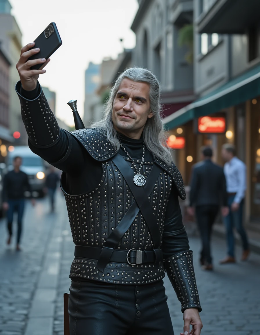 Geralt of Rivia, dressed in his rugged leather armor, taking a selfie with a modern smartphone. He stands on a sidewalk on Hollywood boulevard, holding the phone at armâs length, giving a slight smirk as he snaps the picture with a female fan. His silver hair is slightly tousled, and his yellow eyes have a playful gleam. In the background, a busy sidewalk. The scene blends gritty fantasy elements with the lightheartedness of a modern-day selfie, capturing an amusing and unexpected moment in Geraltâs world <lora:Henry_Cavill_g3ral7:1> g3ral7