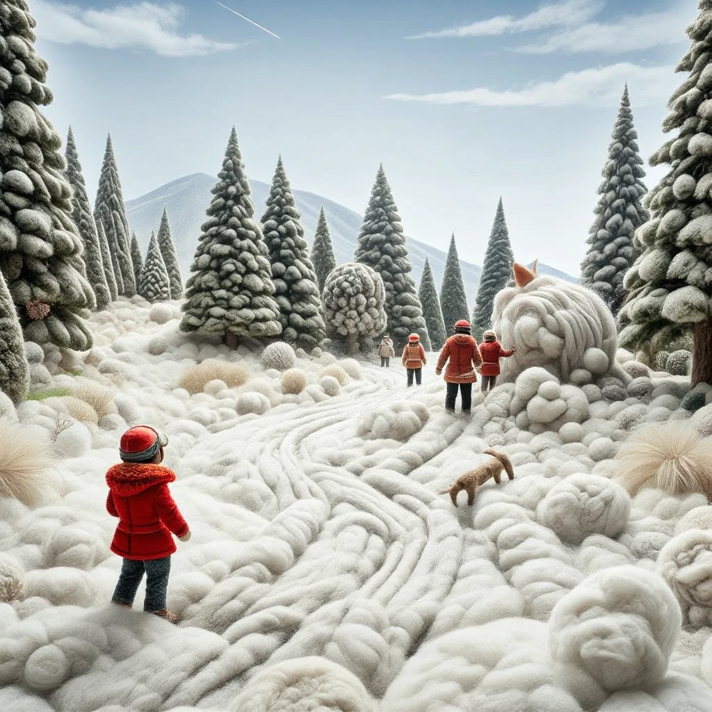 Picture a muppet-like figure with a felt parka and a pom-pom yarn hat, skiing down a fluffy woolen slope. The snow is made from soft, white wool, and plush evergreen trees covered in felt snowflakes line the path. Nearby, a group of muppet-like friends builds a giant woolen snowman, complete with a felt carrot nose and yarn scarf, all while laughing and throwing woolen snowballs.

